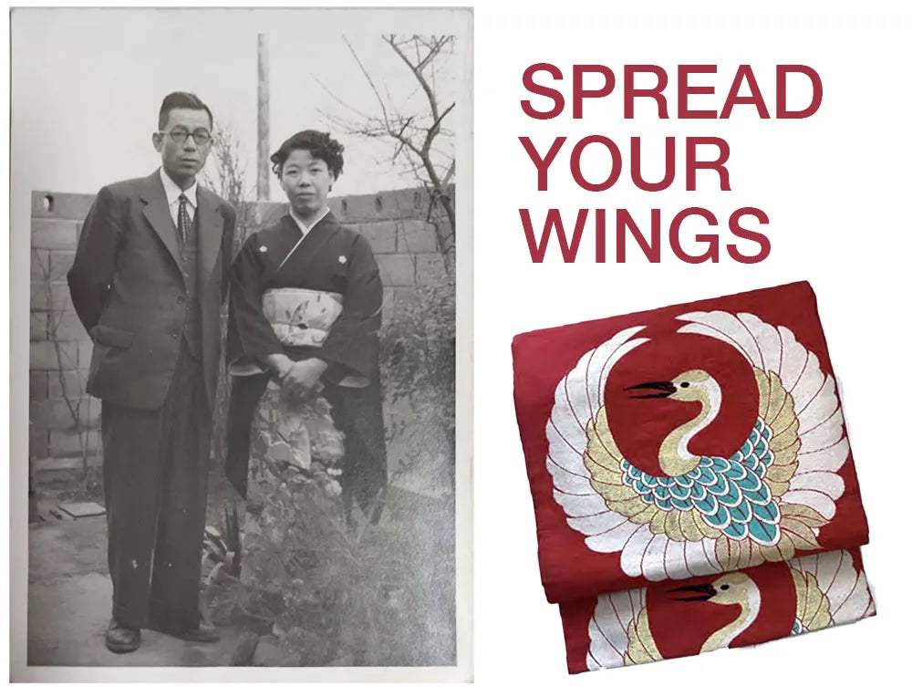 A vintage family photograph — a grandmother in kimono beside a crimson obi embroidered with a crane in flight — Spread your wings